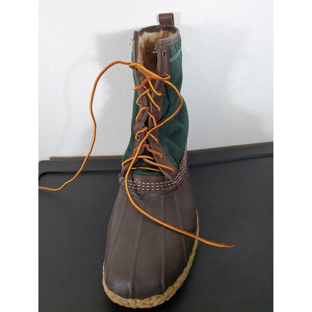 LL Bean Men's 13 Shearling Lined Duck Boots Green Canvas Brown Leather USA